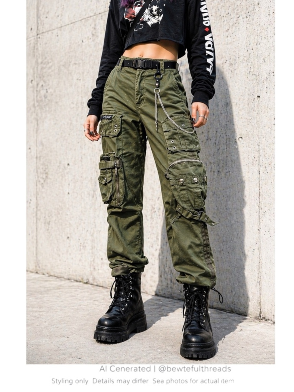 Y2K Japanese Cargo Pants Green Utility Techwear Festival Sz 28
